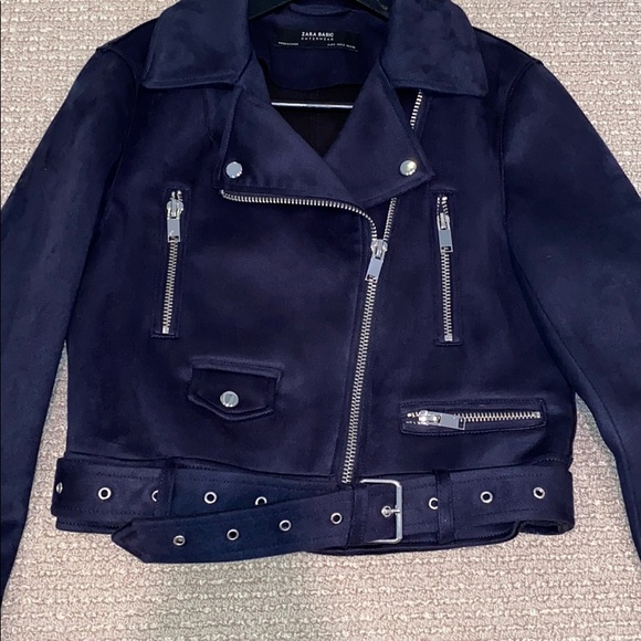 Navy suede cropped bomber jacket w silver hardware - Picture 2 of 8